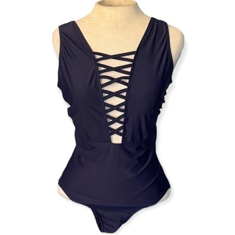 Nicole Miller one piece bathing suit, size 6, blue, nylon and spandex